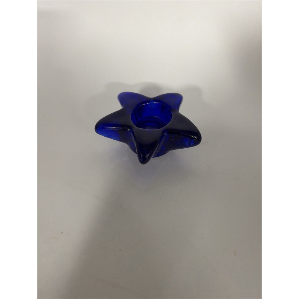 Vintage Celestial 90s Cobalt Blue Art Glass Star Tealight Holder Heavy 4.5" Wide